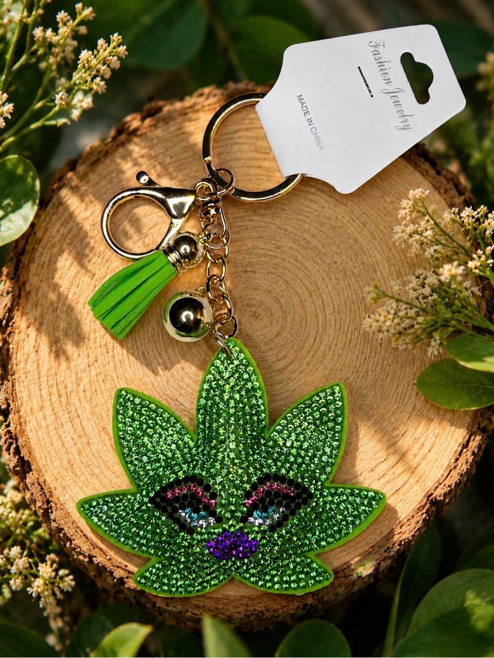 Fashion Jewelry Green Sparkle Leaf Face Keychain Bag Charm with Gold Hardware